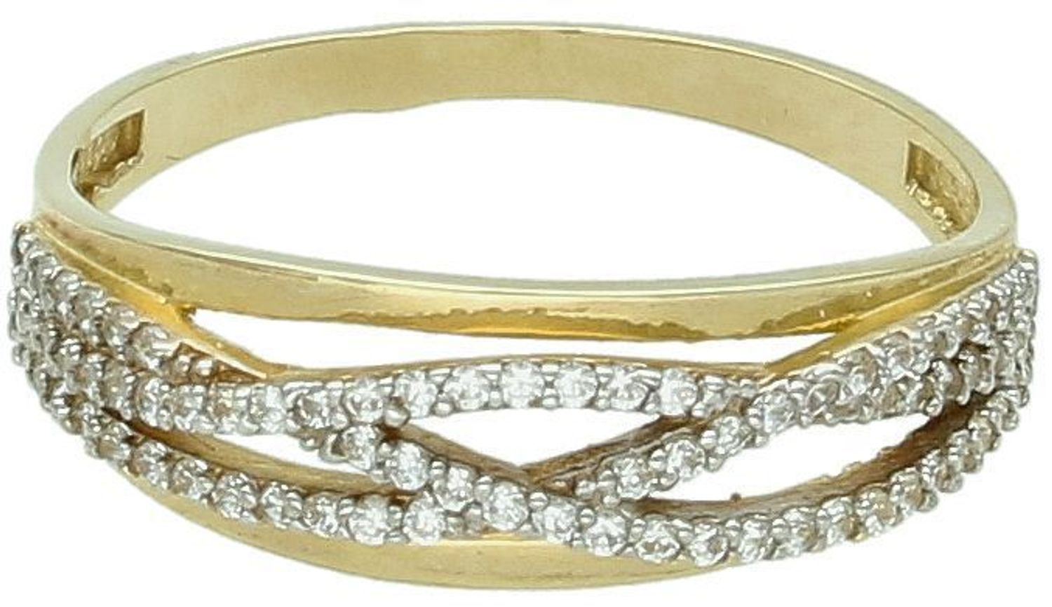 Pierścionek złoty 585 przeplatany cyrkoniami PI 1408 585  Przepiękny pierścionek, który został ozdobiony błyszczącymi cyrkoniami. Przeplatane ramiona pierścionka 1.jpg